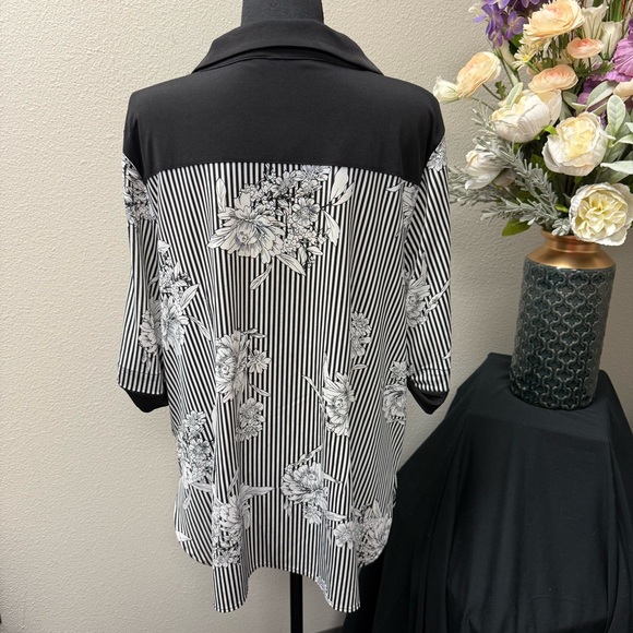 Nygard 1X Black White Striped Floral Blouse Tunic Top Collared 3/4 Sleeve - Picture 4 of 8